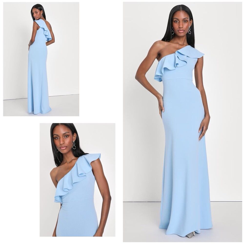 Lulu's Light Blue One-Shoulder Ruffle Maxi Dress